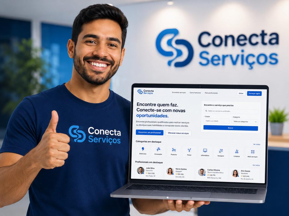 Profissional da Conecta Serviços mostrando a plataforma em um notebook